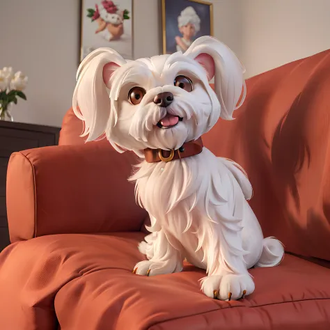a small white (maltese dog) sitting on a ((dark brown fabric couch)) in a living room, looking at camera, pixar, disney, ultra detailed