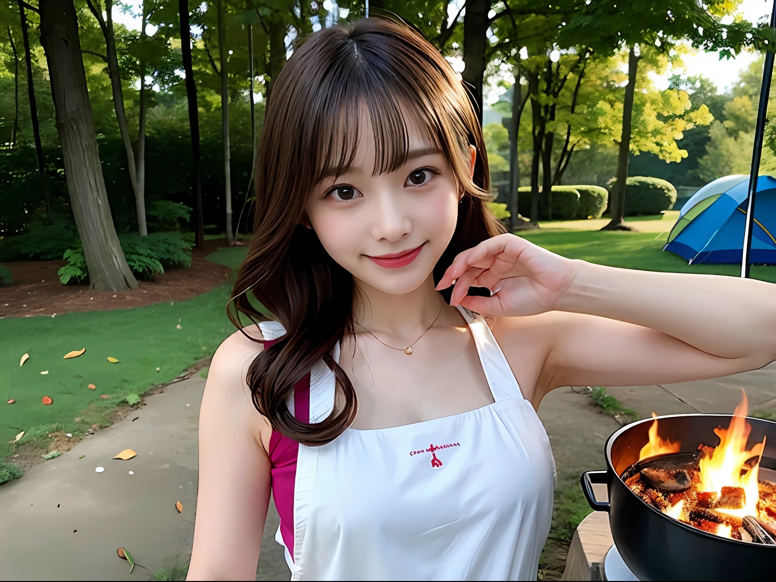 Best Quality,masuter piece,超A high resolution,(photographrealistic),Cute Girl,Sexy Pose,8K,NFSW,Raw photo,A cute Japanese woman,Smile,up of face、Longhaire、curls、a blond、full of sweat、Brown-skinned、Blonde hair、camp、bonfire、Apron、campsite、Cooking rice、cuite、alcohol、