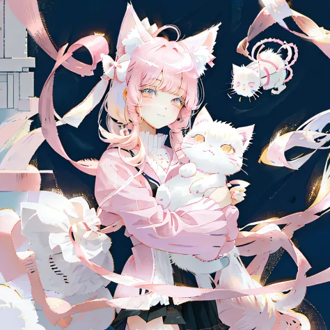 Anime girl with pink hair holding a white cat in her arms, Very beautiful anime cat girl, beautiful anime catgirl, cute anime ca...