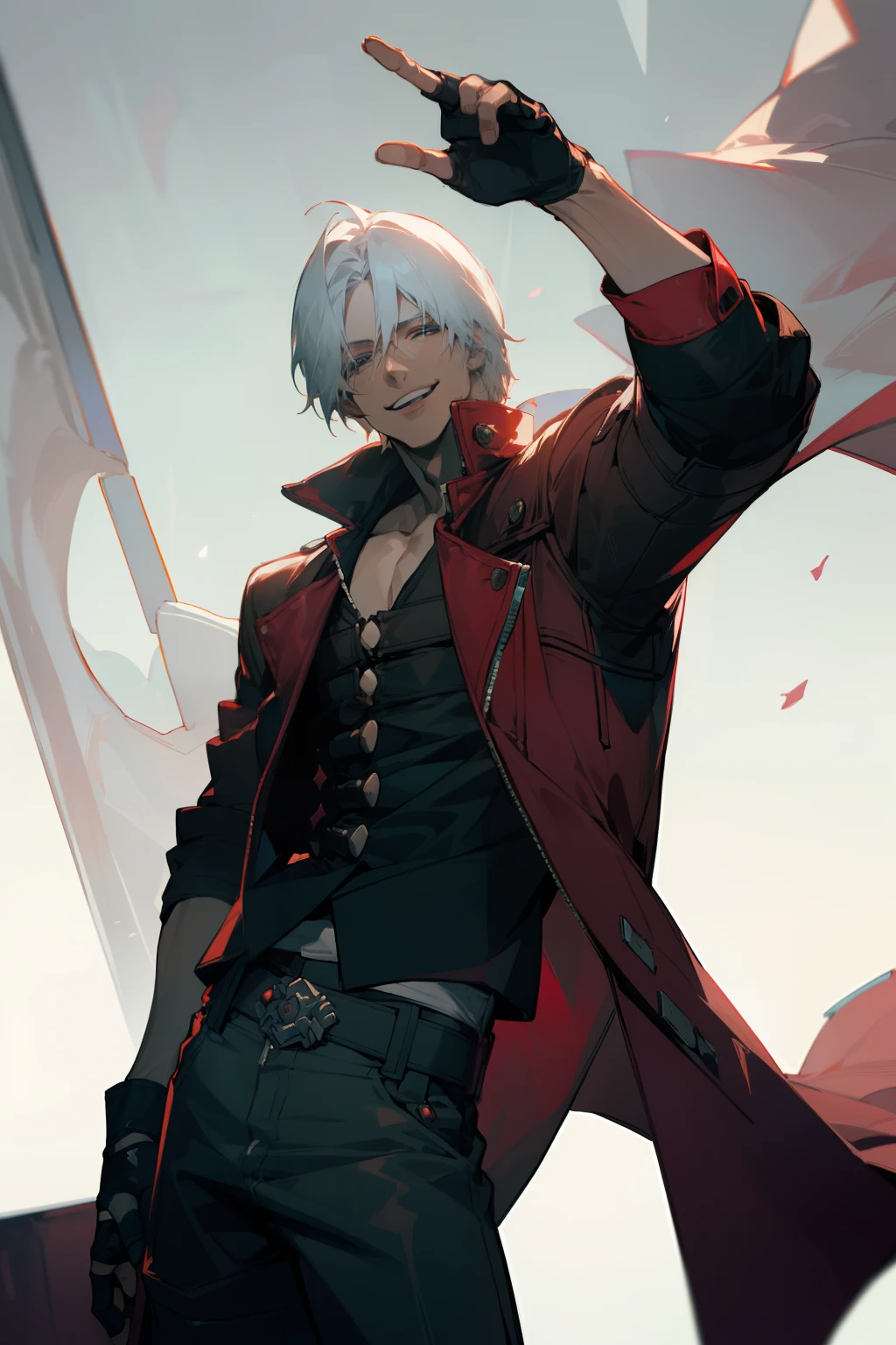 (masterpiece, best quality:1.2), cowboy shot, solo, male focus, 1boy, dante, smile, looking at viewer, white hair, open clothes, coat, (fingerless gloves:1.1), belt