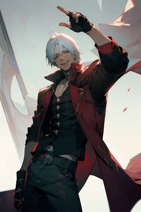 (masterpiece, best quality:1.2), cowboy shot, solo, male focus, 1boy, dante, smile, looking at viewer, white hair, open clothes,...