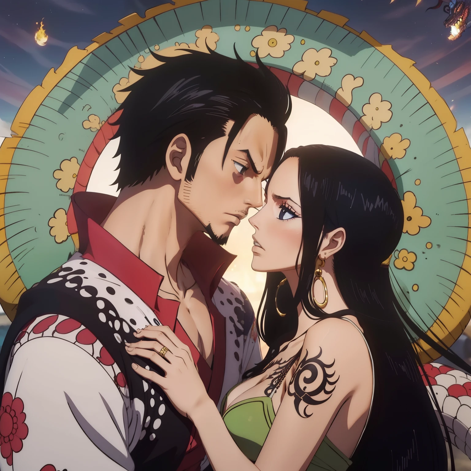 best qualityer, Black-haired woman next to a samurai-inspired man with a dragon tattoo on her chest, bonitas, close up, Pose, lovers, in love