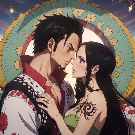 melhor qualidade, Black-haired woman next to a samurai-inspired man with a dragon tattoo on her chest, Bonito, fechar para cima,...