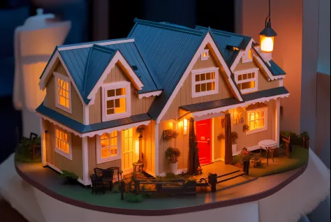 there is a small model of a house on a table, accurate and detailed, miniature, small houses, beautiful detailed miniature, hyper detailed scene, miniature model, mini model, realistic depiction, doll house, scale model photography, tiny house, at night ti...