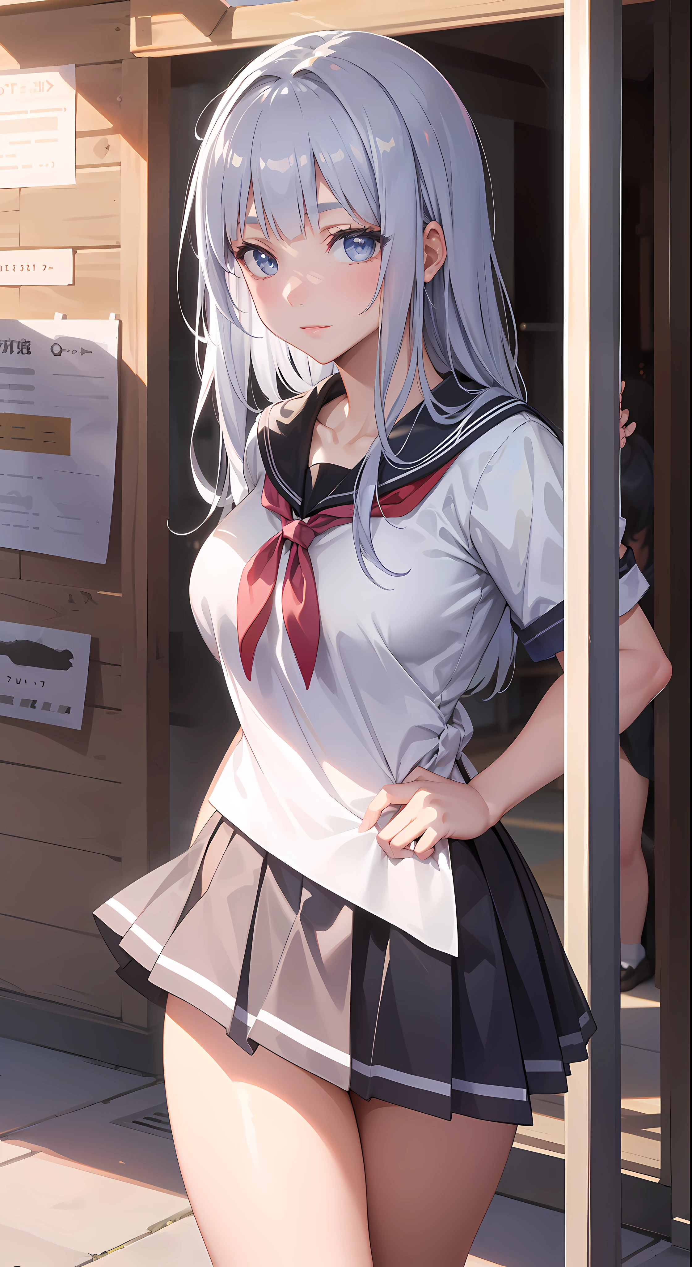 professional artwork, Intricate Details, field of view, sharp focus, detailed painting, photorealistic lighting, trending on pixiv, Standing at attention, ((school girl, summer school outfit)), ((large breasts:1,3)), Beautiful body,Beautiful Nose,Beautiful character design, perfect eyes, perfect face, looking at viewer, SFW,official art,extremely detailed CG unity 8k wallpaper, perfect lighting,Colorful, Bright_Front_face_Lighting, (masterpiece:1.0),(best_quality:1.0), ultra high res,4K,ultra-detailed, photography, 8K, HDR, highres, absurdres:1.2, Kodak portra 400, film grain, blurry background, bokeh:1.2, lens flare, (vibrant_color:1.2), shikkoku_yorihime, (seductive look), ((looking at viewer, front body pose))