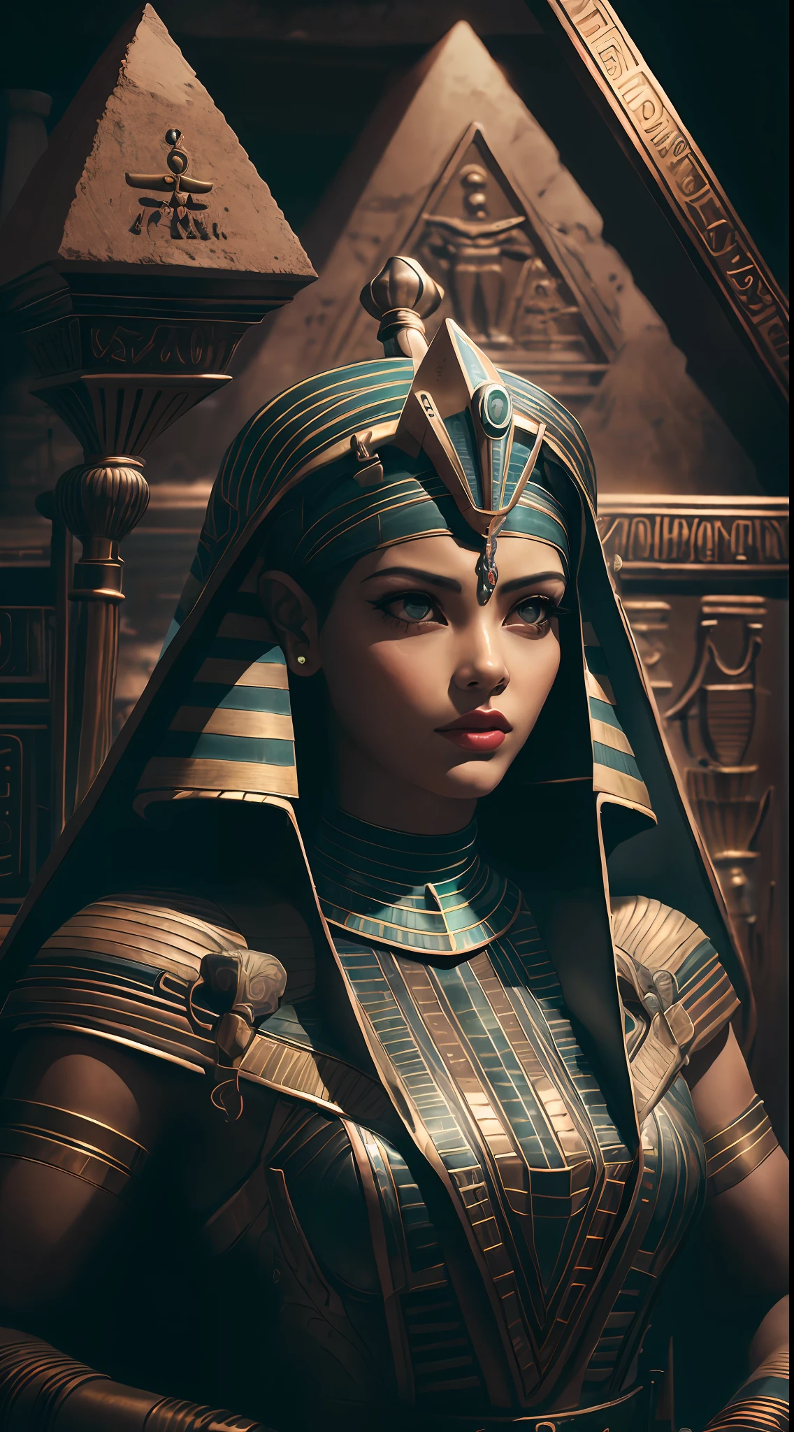 1 adult Egyptian female ,AshleyCipher,  black hair flaps,   makeups , upper body, looking at viewer,  OldEgyptAI, ancient egyptian theme,   obsidian, (defensive stance), stone knife, inside pyramid, 
dark chamber, dim light, (zentangle, mandala, tangle, entangle:0.5)
(35mmstyle:1.1), front, masterpiece, 1970s film, , cinematic lighting, (photorealistic:1.5), high frequency details, 35mm film, (film grain), film noise,