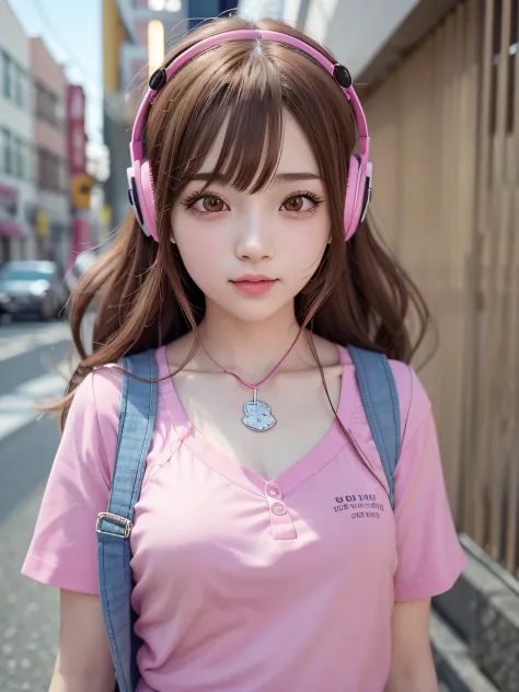 There was a girl wearing a pink shirt and headphones, Kawaii realistic portrait, Smooth anime CG art, portrait anime girl, Photo...