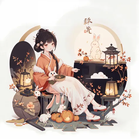 （A rabbit：1.4）, sat on the ground, Looking up, Mid-Autumn Festival atmosphere, Chinese Traditional illustration style, Digital art, Simple background, Masterpiece on white background, Best quality, Ultra-detailed, High quality, 4K