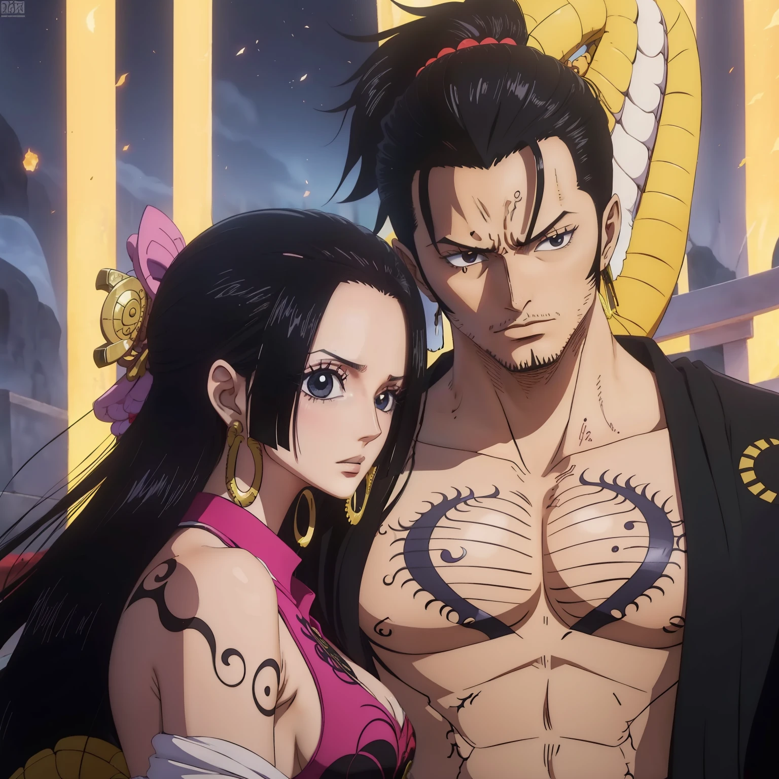 melhor qualidade, Black-haired woman next to a samurai-inspired man with a dragon tattoo on his chest, majo, fechar para cima, poser, Amantes, apaixonados, quase se beijando