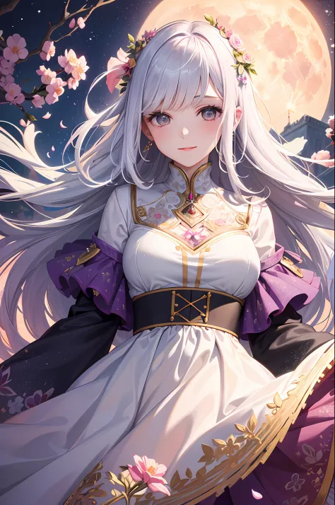 A fantastical scene, beautifully detailed bust shot of a woman with colorful finely-detailed eyes and a flowing, intricate skirt, surrounded by a floral meadow, a sky filled with pink and purple hues, a flying petal, the light of the moon, a soft glow, smi...