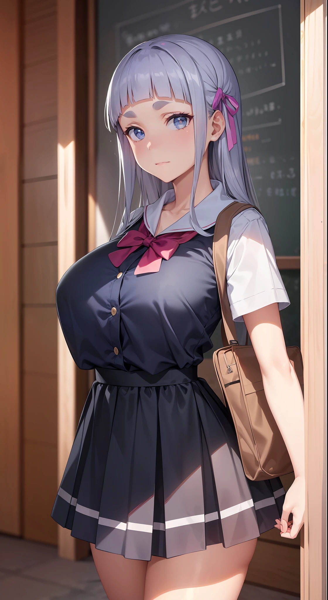 professional artwork, Intricate Details, field of view, sharp focus, detailed painting, photorealistic lighting, trending on pixiv, Standing at attention, ((school girl, summer school outfit)), ((large breasts:1,3)), Beautiful body,Beautiful Nose,Beautiful character design, perfect eyes, perfect face, looking at viewer, SFW,official art,extremely detailed CG unity 8k wallpaper, perfect lighting,Colorful, Bright_Front_face_Lighting, (masterpiece:1.0),(best_quality:1.0), ultra high res,4K,ultra-detailed, photography, 8K, HDR, highres, absurdres:1.2, Kodak portra 400, film grain, blurry background, bokeh:1.2, lens flare, (vibrant_color:1.2), shikkoku_yorihime, (seductive look), ((looking at viewer, front body pose))