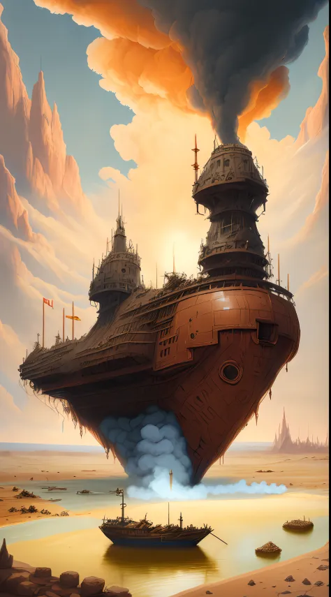 (bonefortress:1) giant ship structure, body of water, smoke, desert castle in the sky