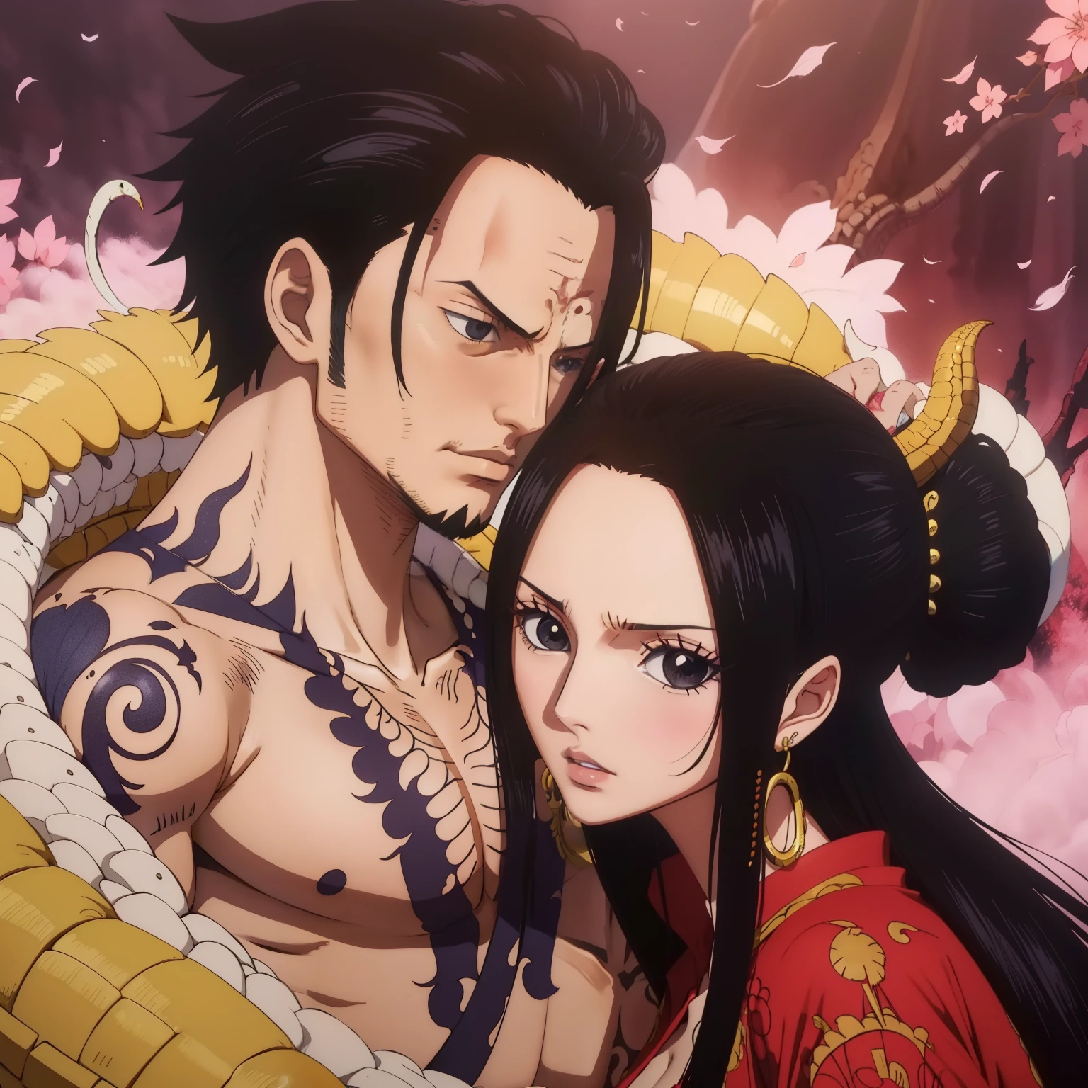 best qualityer, Black-haired woman next to a samurai-inspired man with a dragon tattoo on her chest, majo, close up, poser, lovers, in love, almost kissing