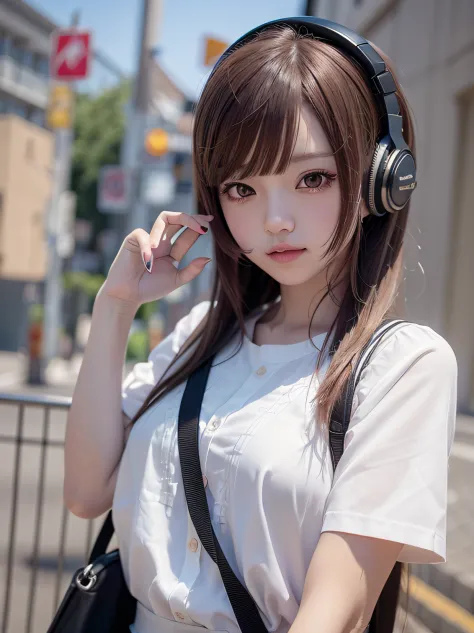 There was a girl wearing a white shirt and headphones, Kawaii realistic portrait, Smooth anime CG art, portrait anime girl, Phot...