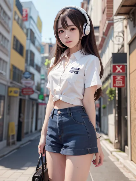 There was a girl wearing a white shirt and headphones, Kawaii realistic portrait, Smooth anime CG art, portrait anime girl, Phot...