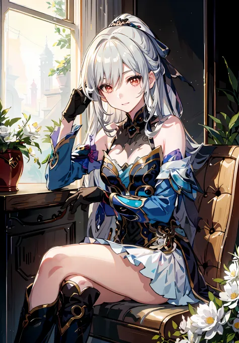 anime girl sitting on chair with flower pot in hand, cute anime huaifu in beautiful clothes, beautiful and seductive anime woman...