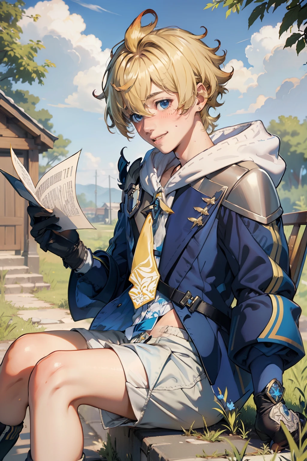 (masterpiece), (best quality), (ultra detailed),(disheveled hair),(illustration), (1boy), short blond hair, blue jacket, yellow bowtie, white shorts, blushing, shy smile, outside in nature