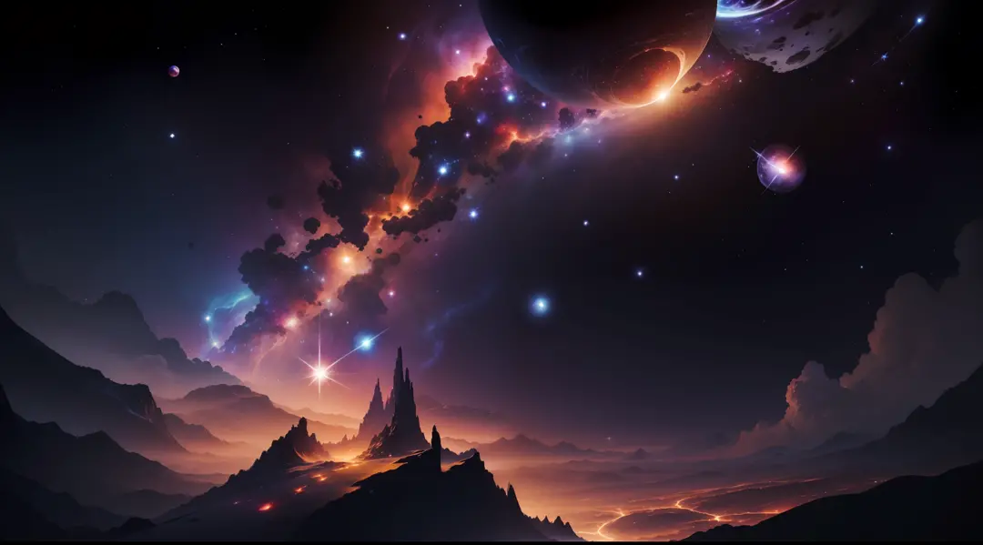 Image of the galaxy with mysterious stars and planets with constellations, Nebulas and small planets inhabited by other beings and other races