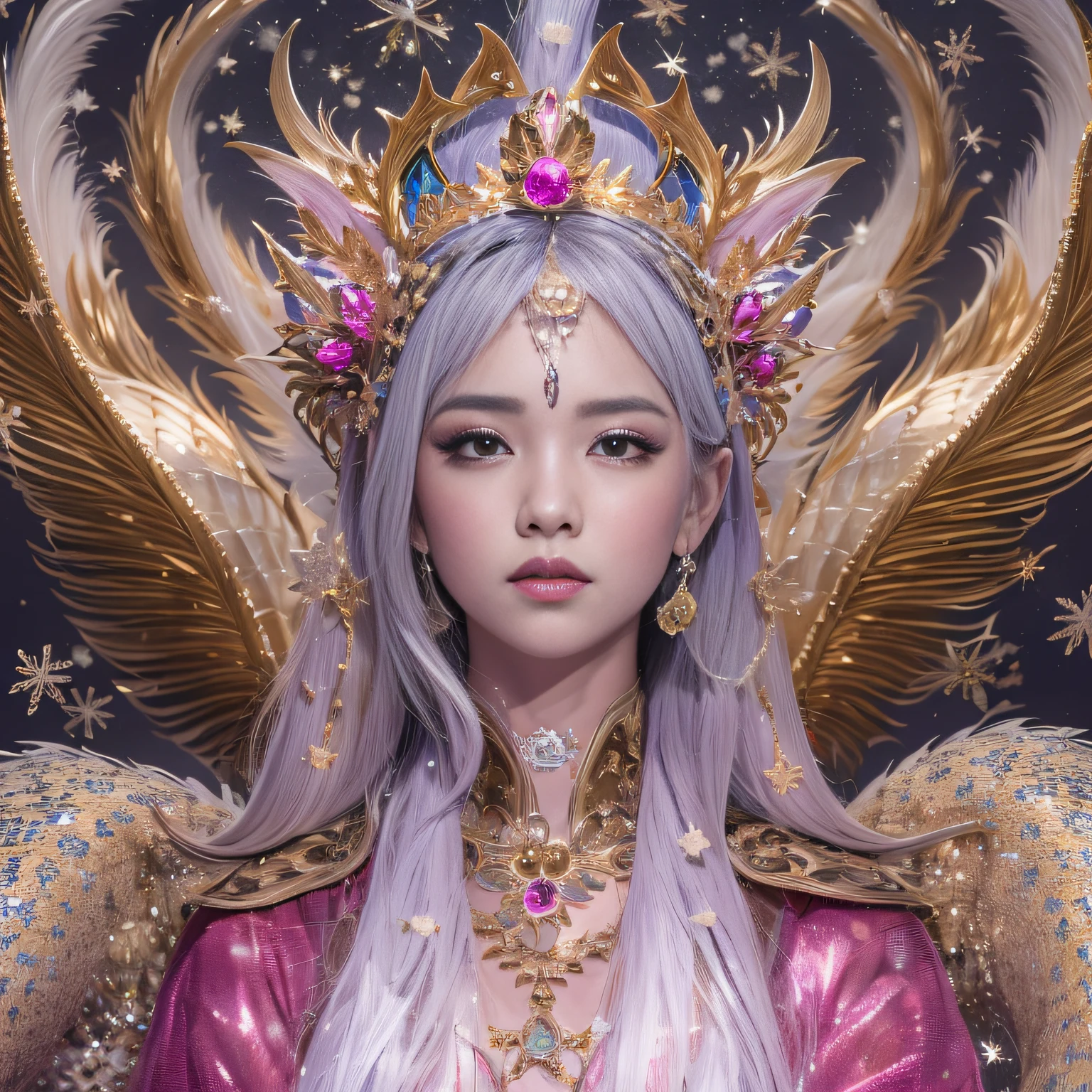 16k（tmasterpiece，k hd，hyper HD，16k）short detailed hair，Gold jewelry area in the back room，King Girl ，Silver Dragon Protector （realisticlying：1.4），Python pattern robe，Purple-pink tiara，Snowflakes fluttering，The background is pure，Hold your head high，Be proud，The nostrils look at people， A high resolution， the detail， RAW photogr， Sharp Re， Nikon D850 Film Stock Photo by Jefferies Lee 4 Kodak Portra 400 Camera F1.6 shots, Rich colors, ultra-realistic vivid textures, Dramatic lighting, Unreal Engine Art Station Trend, cinestir 800，Hold your head high，Be proud，The nostrils look at people