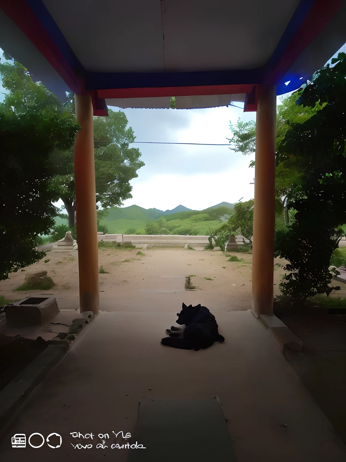 there is a dog that is laying down on the ground, chill time. good view, from inside a temple, background is heavenly,  scenery yet peaceful!!, very very low quality picture, looking from side, in front of a temple, view from inside, temple in the background, taken with sony alpha 9, in front of the temple, view from front