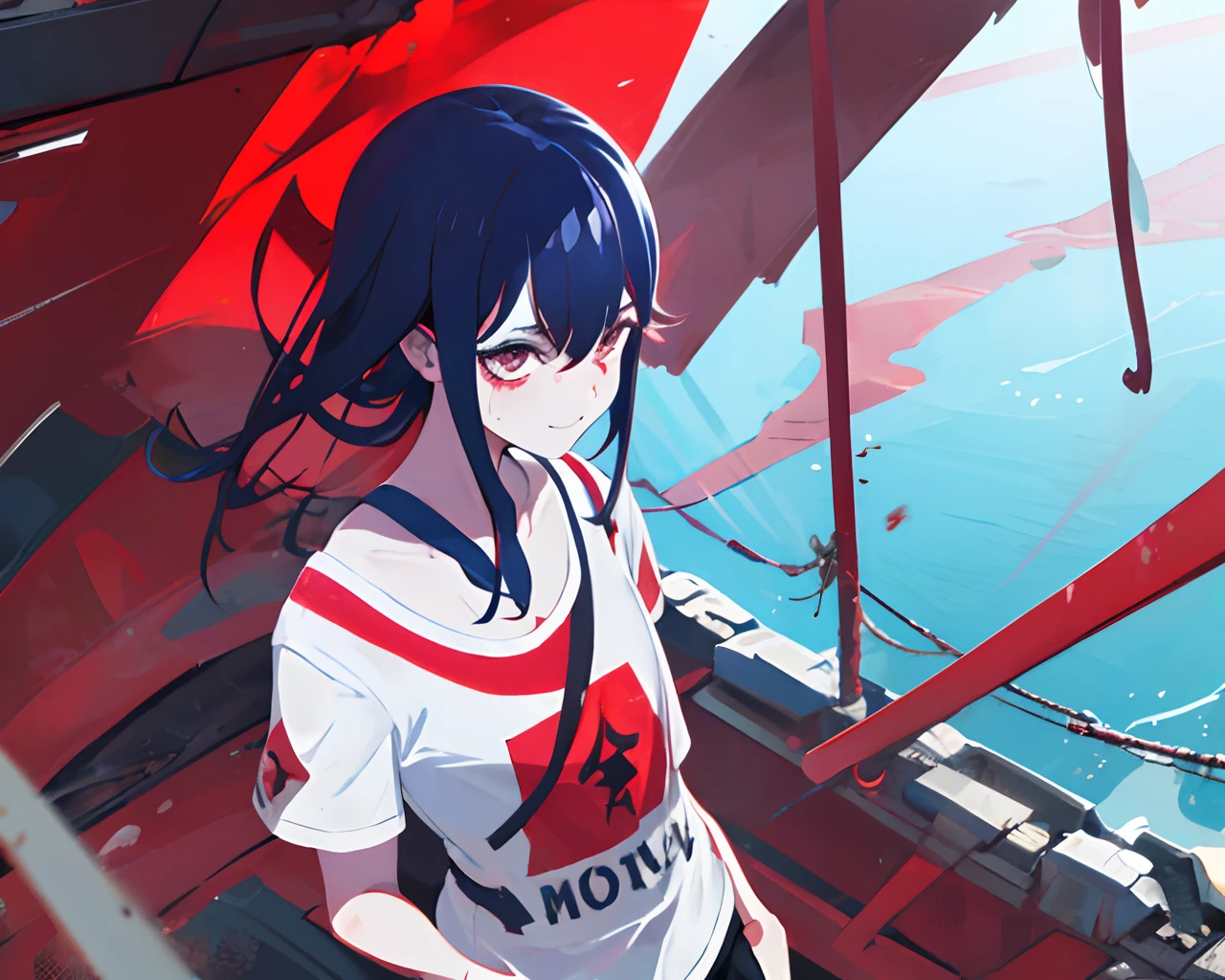 high collar shirt, black jersey,middlebreasts,
matoi ryuuko,
annoyed face, from above view, face up close, blood in The face, red iris