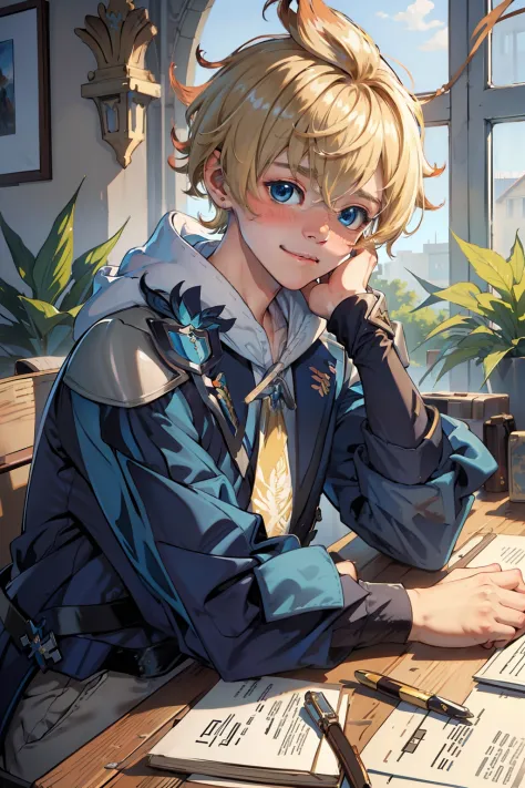 (masterpiece), (best quality), (ultra detailed),(disheveled hair),(illustration), (1boy), short blond hair, blue jacket, blushin...