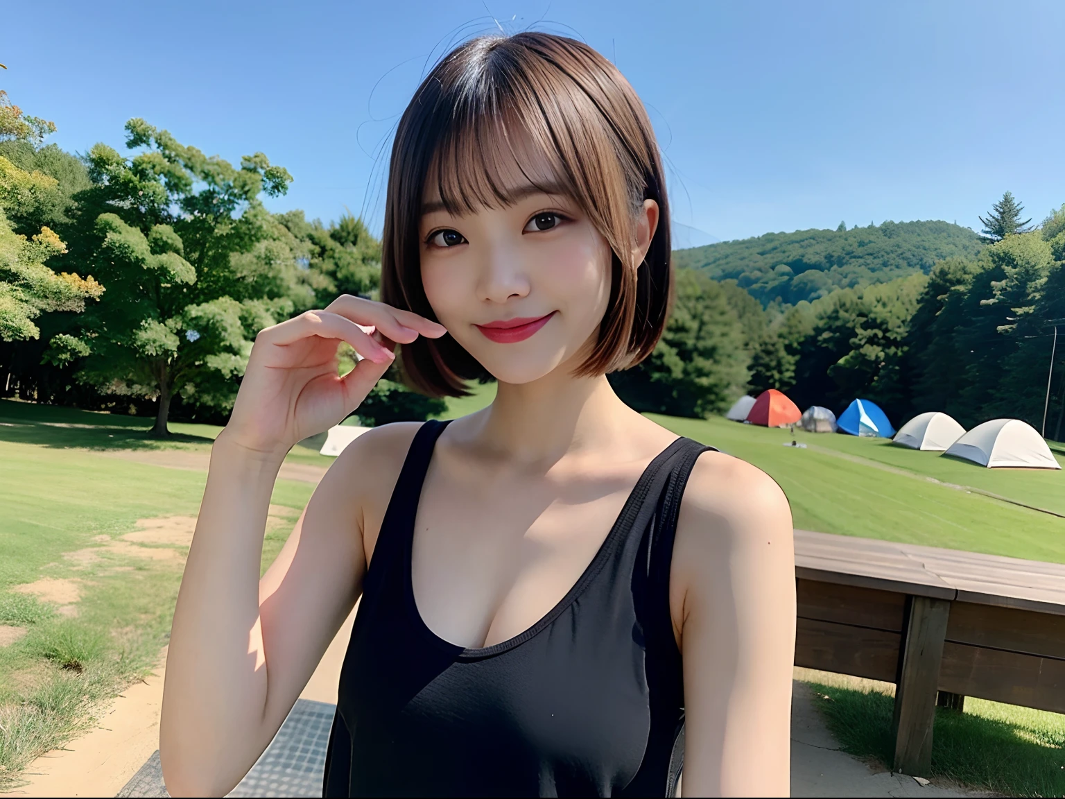 Best Quality,masuter piece,超A high resolution,(photographrealistic),Cute Girl,Sexy Pose,8K,NFSW,Raw photo,A cute Japanese woman,Smile,up of face、Shorthair、a blond、full of sweat、Brown-skinned、Blonde hair、camp、bonfire、Tank tops、campsite、Eat rice、Selfie wind、Short pants、