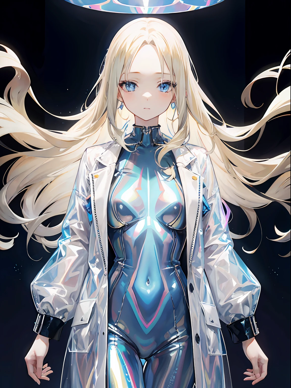 Mature woman, light blue eyes, blonde hair, forehead, Long hair, plastic, Transparent clothes, ((holographic)), ((gas))