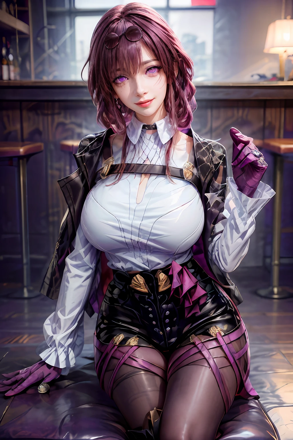 Ultra realistic illustration,hyperrealistic,pixiv,sharp focus, dramatic, dynamic lighting, (1girl), official, (purple eyes:1.5),purple hair,eyewear on head,white shirt, black jacket, jacket on shoulders, shirt, pantyhose, boots,sit on chair at bar, crossed legs, tokyo(city), night,large breast,(gigantic breast:1.5),naughty face,dynamic pose,abs,muscular female,huge ass, large hips,(forced smile:1.5),(detailed body:1.5),narrow waist,(depth of field:1.4), sweating,pussy peek,hsr_kafka,