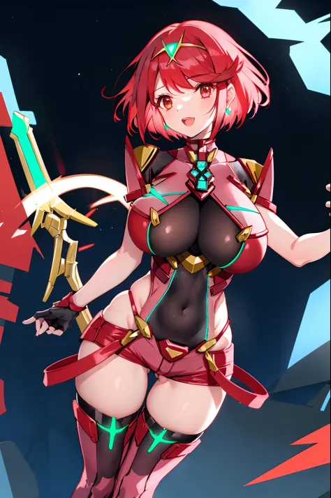pyra \(xenoblade\), teen_1girl, armor, bangs, black gloves, breasts, red eyes, closed mouth, earrings, eyelashes, fingerless gloves, floating hair, framed breasts, gem, gloves, hair ornament, headpiece, jewelry, big_breasts, leaning back, leotard, neon tri...
