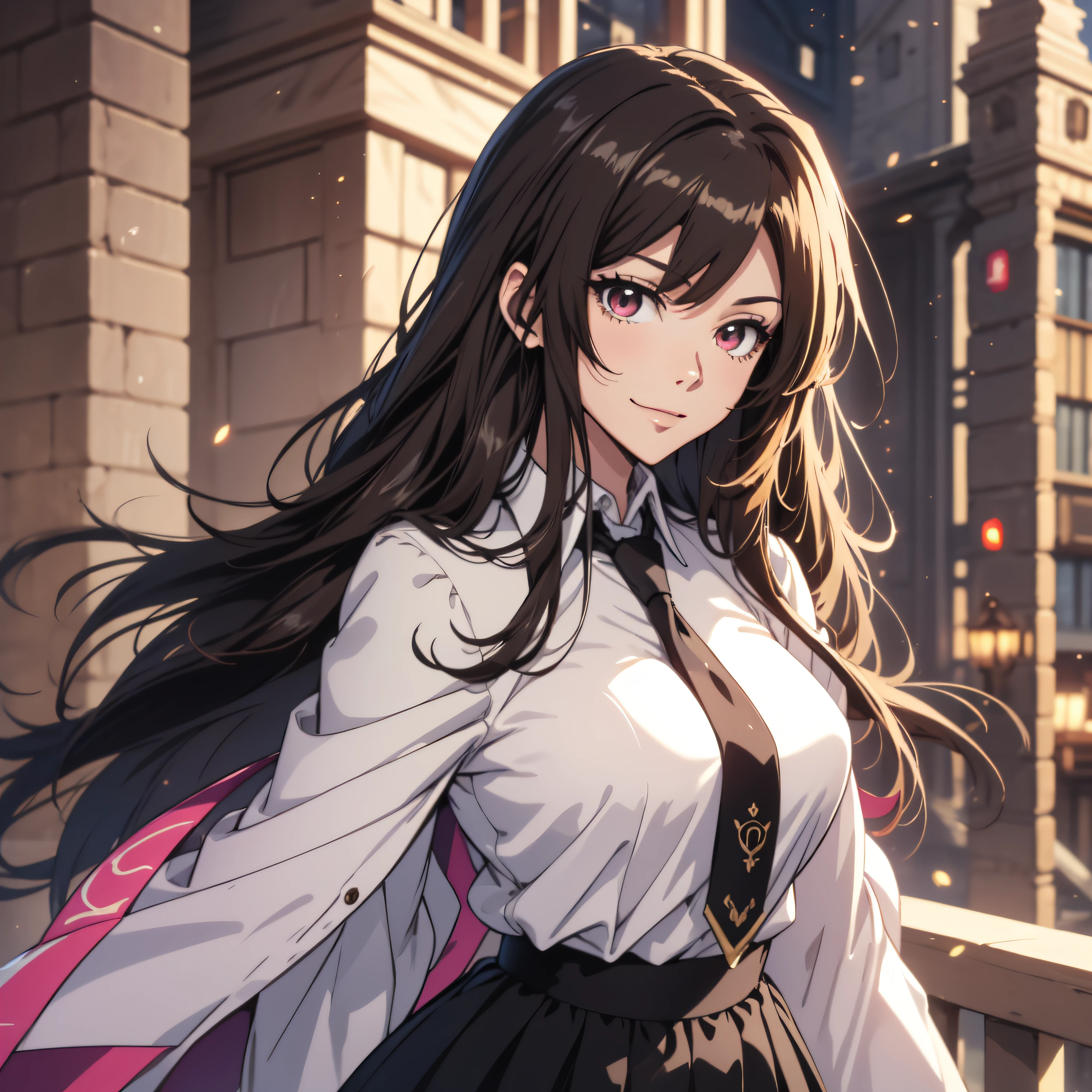 (ultra-detailed, perfect pixel, highrest, best quality), 1girl, single, solo, 20 years old Anime girl, smooth anime artstyle, long raven hair, slightly wavy hair, parted bangs, brown hair, gradient hair color, Magus, red eyes, detailed eyes, beautiful eyes, long black coat, white shirt, ((neckwear, long tie)), black skirt, aristocrat, noble attire, beautiful, ethereal, elegant, prestigious, indoor, royal, kingdom, particle effect, smooth smoke effect, magic light, standing, looking at viewer, (beautiful smile)