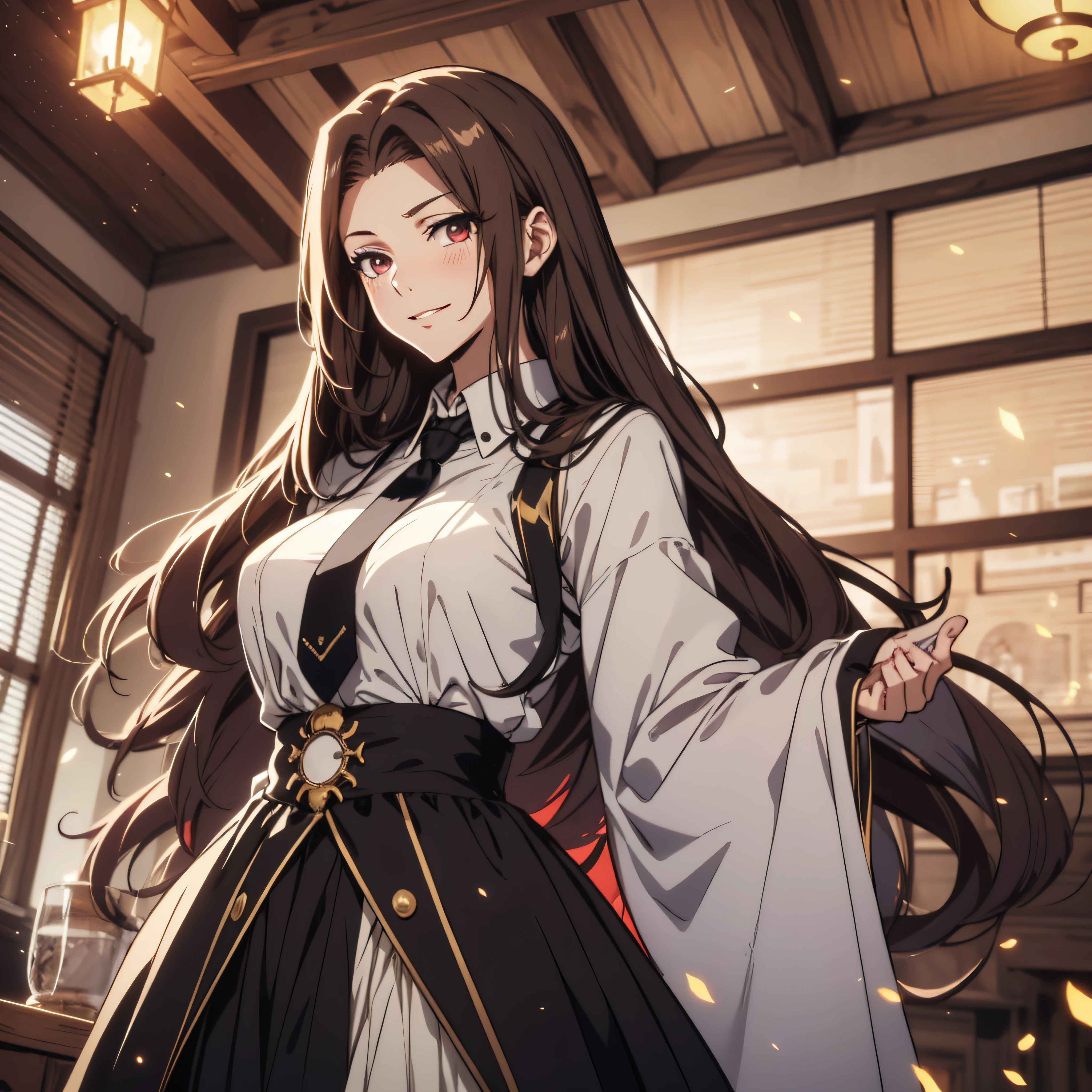 (ultra-detailed, perfect pixel, highrest, best quality), 1girl, single, solo, 20 years old Anime girl, smooth anime artstyle, long raven hair, slightly wavy hair, parted bangs, brown hair, gradient hair color, Magus, red eyes, detailed eyes, beautiful eyes, long black coat, white shirt, ((neckwear, long tie)), black skirt, aristocrat, noble attire, beautiful, ethereal, elegant, prestigious, indoor, royal, kingdom, particle effect, smooth smoke effect, magic light, standing, looking at viewer, (beautiful smile), blushing