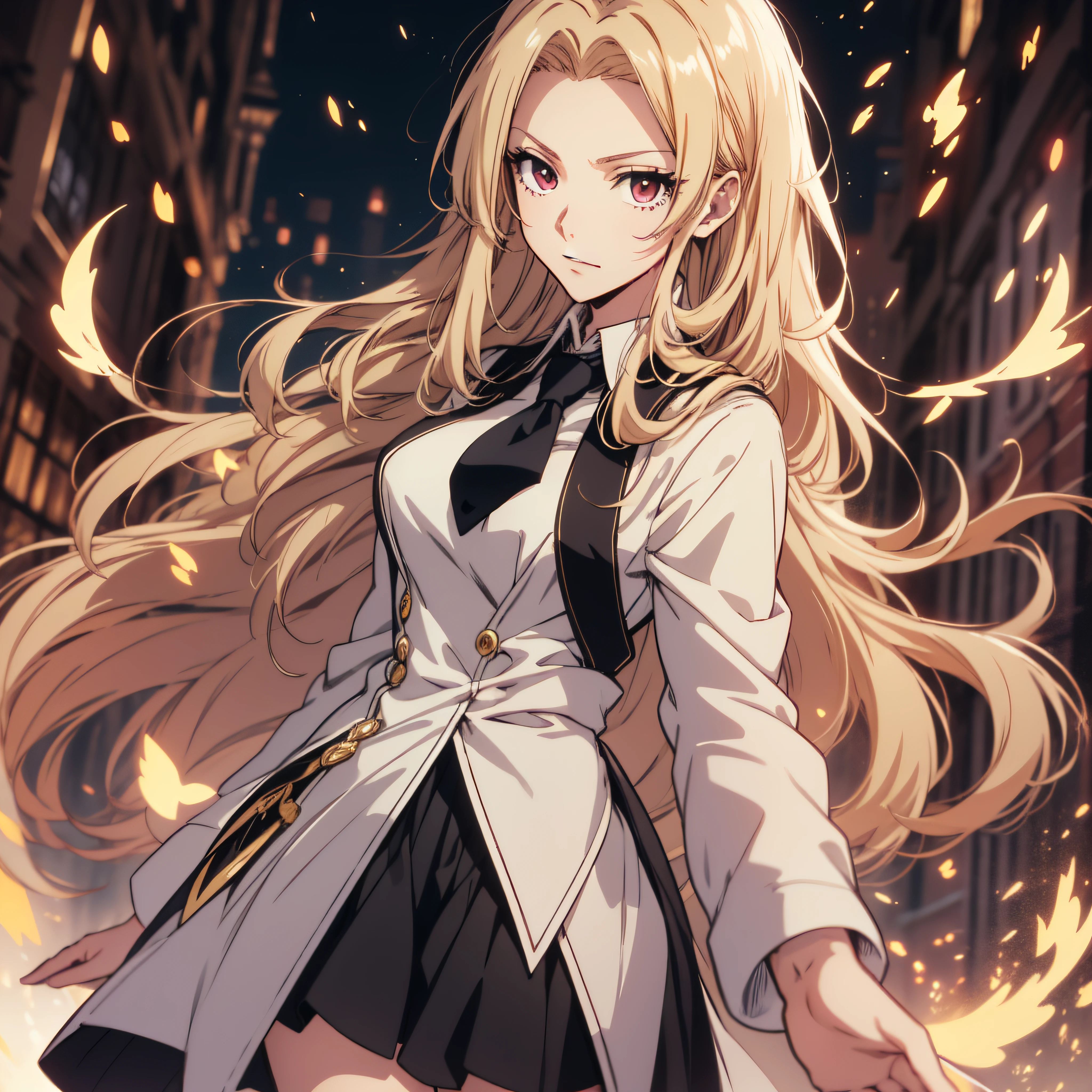 (ultra-detailed, perfect pixel, highrest, best quality), 1girl, single, solo, 20 years old Anime girl, smooth anime artstyle, long raven hair, slightly wavy hair, parted bangs, blonde hair, gradient hair color, Magus, red eyes, detailed eyes, beautiful eyes, long black coat, white shirt, ((neckwear, long tie)), black skirt, aristocrat, noble attire, beautiful, ethereal, elegant, prestigious, indoor, royal, kingdom, particle effect, smooth smoke effect, magic light, standing, looking at viewer