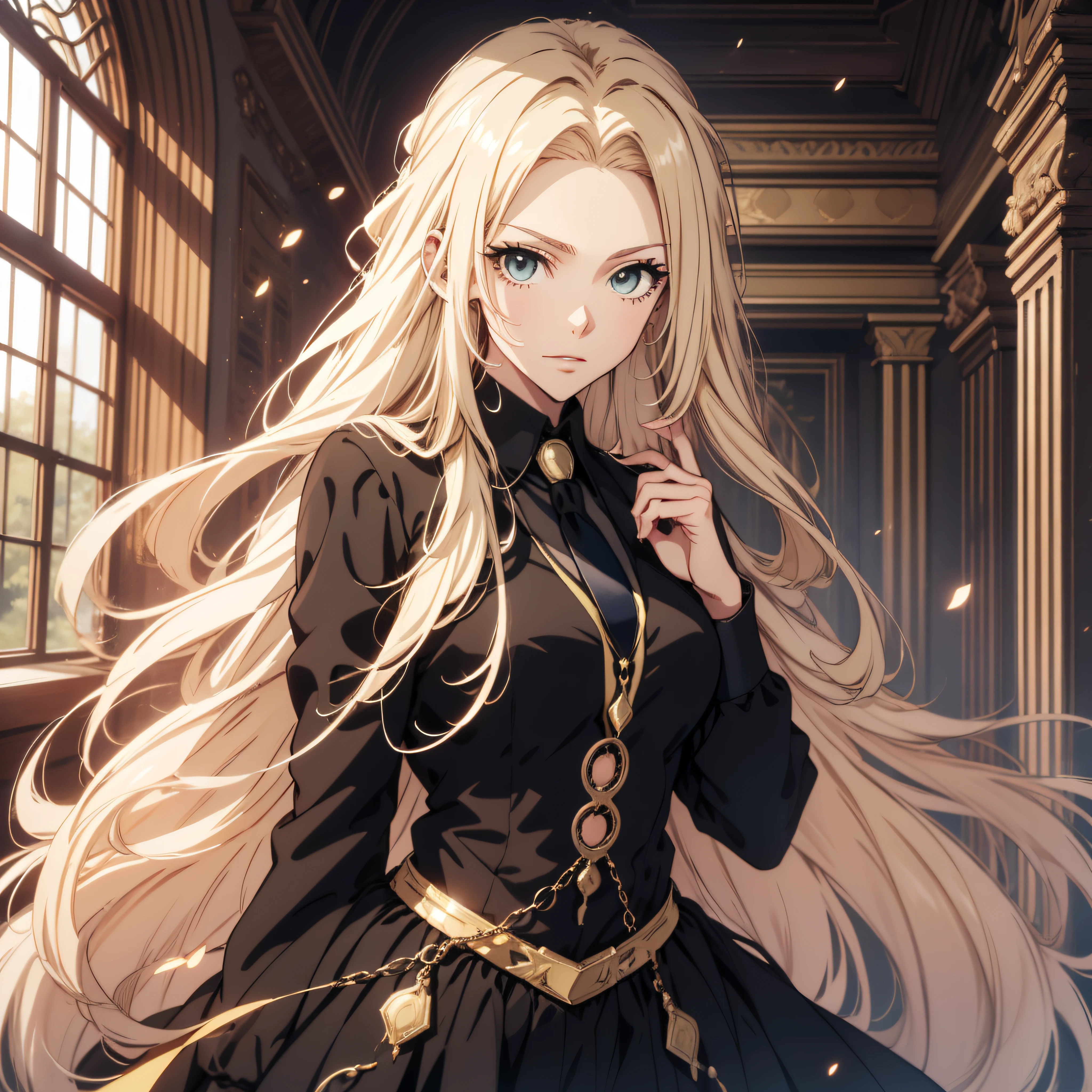 (ultra-detailed, perfect pixel, highrest, best quality), 1girl, single, solo, 20 years old Anime girl, smooth anime artstyle, long raven hair, slightly wavy hair, parted bangs, blonde hair, gradient hair color, Magus, green eyes, detailed eyes, beautiful eyes, long black coat, white shirt, ((neckwear, long tie)), black skirt, aristocrat, noble attire, beautiful, ethereal, elegant, prestigious, indoor, royal, kingdom, particle effect, smooth smoke effect, magic light, standing, looking at viewer