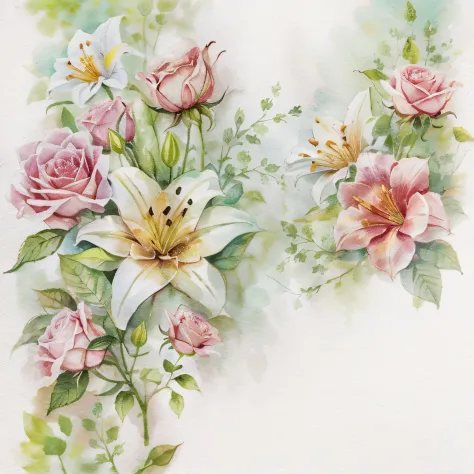 watercolor, illustrations, decorated with roses and lilies, the paper base is a white background,