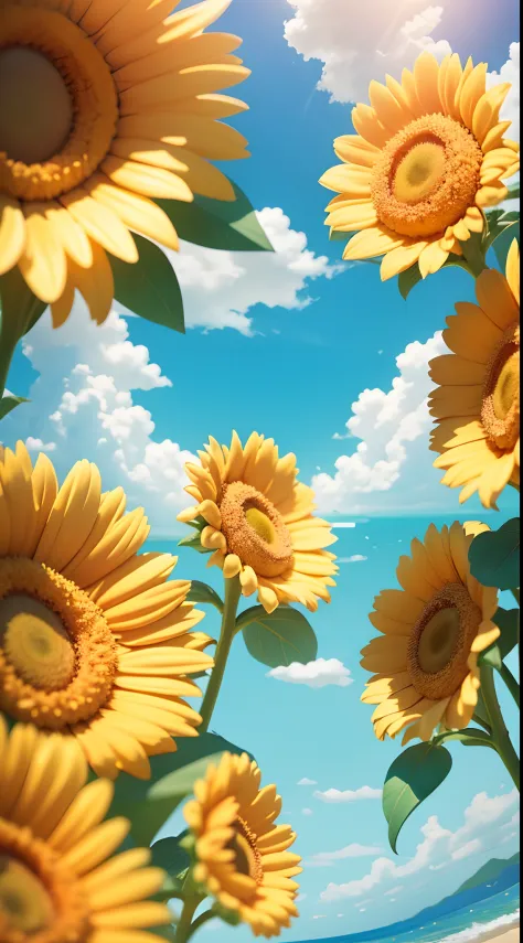 summer clouds, sun flowers framed the image, sunny weather ,sky, sunny, colorful, happy and happy summer vacation, simple pictur...