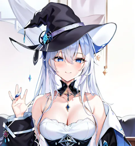 anime girl with black hat and white dress and blue eyes, from girls frontline, flirty anime witch casting magic, astral witch cl...