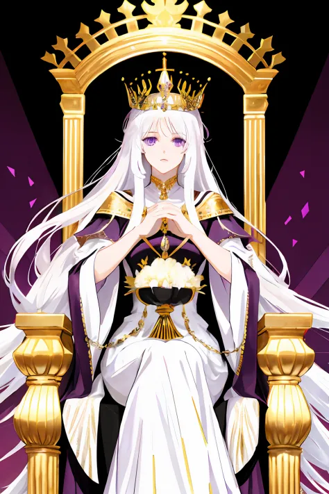 Queen, long white hair, purple eyes, sitting on a throne, head wearing a crown, long black dress, white heels, surrounded by gold and silver treasures