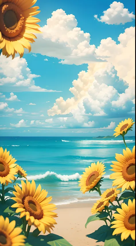 summer clouds, sun flowers framed the image, sunny weather ,sky, sunny, colorful, happy and happy summer vacation, simple pictur...