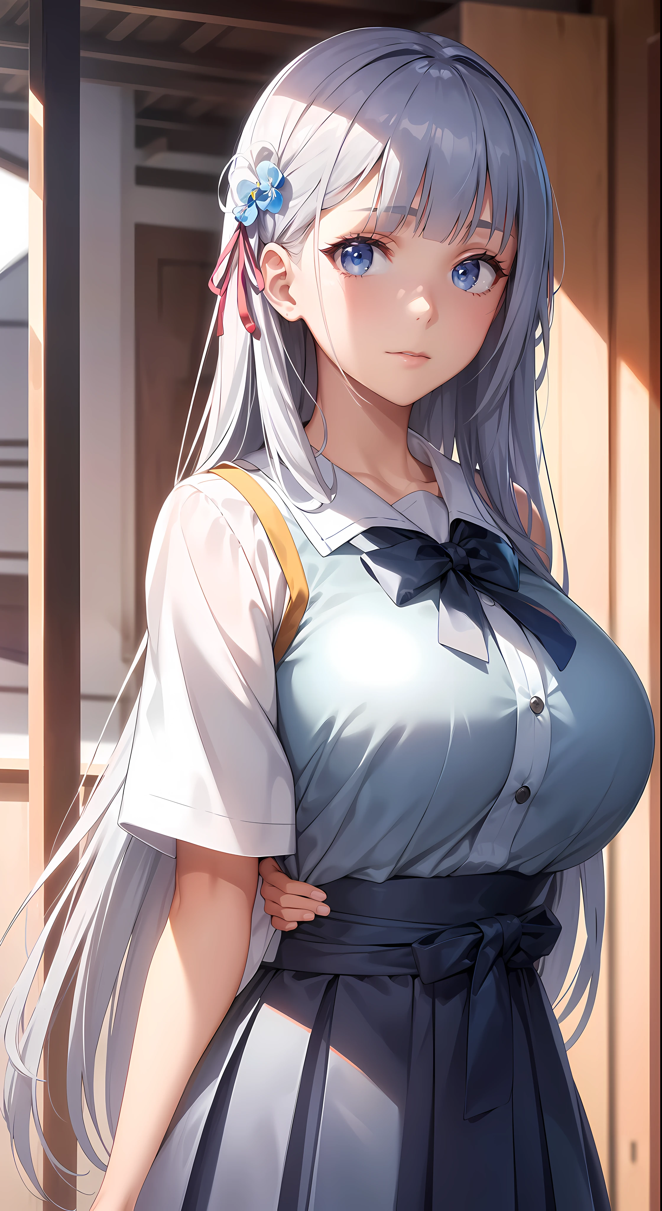 hair ornament, very long hair, japanese clothes, professional artwork, Intricate Details, field of view, sharp focus, detailed painting, photorealistic lighting, trending on pixiv, Standing at attention, ((school girl, summer school outfit)), ((large breasts:1,3)), Beautiful body,Beautiful Nose,Beautiful character design, perfect eyes, perfect face, looking at viewer, SFW,official art,extremely detailed CG unity 8k wallpaper, perfect lighting,Colorful, Bright_Front_face_Lighting, (masterpiece:1.0),(best_quality:1.0), ultra high res,4K,ultra-detailed, photography, 8K, HDR, highres, absurdres:1.2, Kodak portra 400, film grain, blurry background, bokeh:1.2, lens flare, (vibrant_color:1.2), shikkoku_yorihime, (seductive look), ((looking at viewer, front body pose))