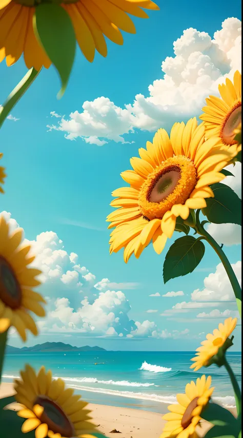 summer clouds, sun flowers frames the image, symmetric composition, sunny weather ,sky, sunny, colorful, happy and happy summer ...