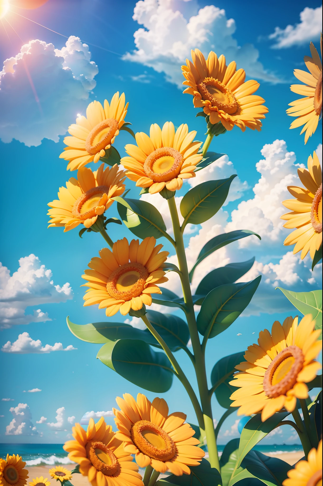 Summer clouds, small sun flowers sunny weather ,sky, sunny, colorful, happy and happy summer vacation, simple picture, close-up, brilliant sunshine, distant waves, visual impact, 3D DreamWorks style,
