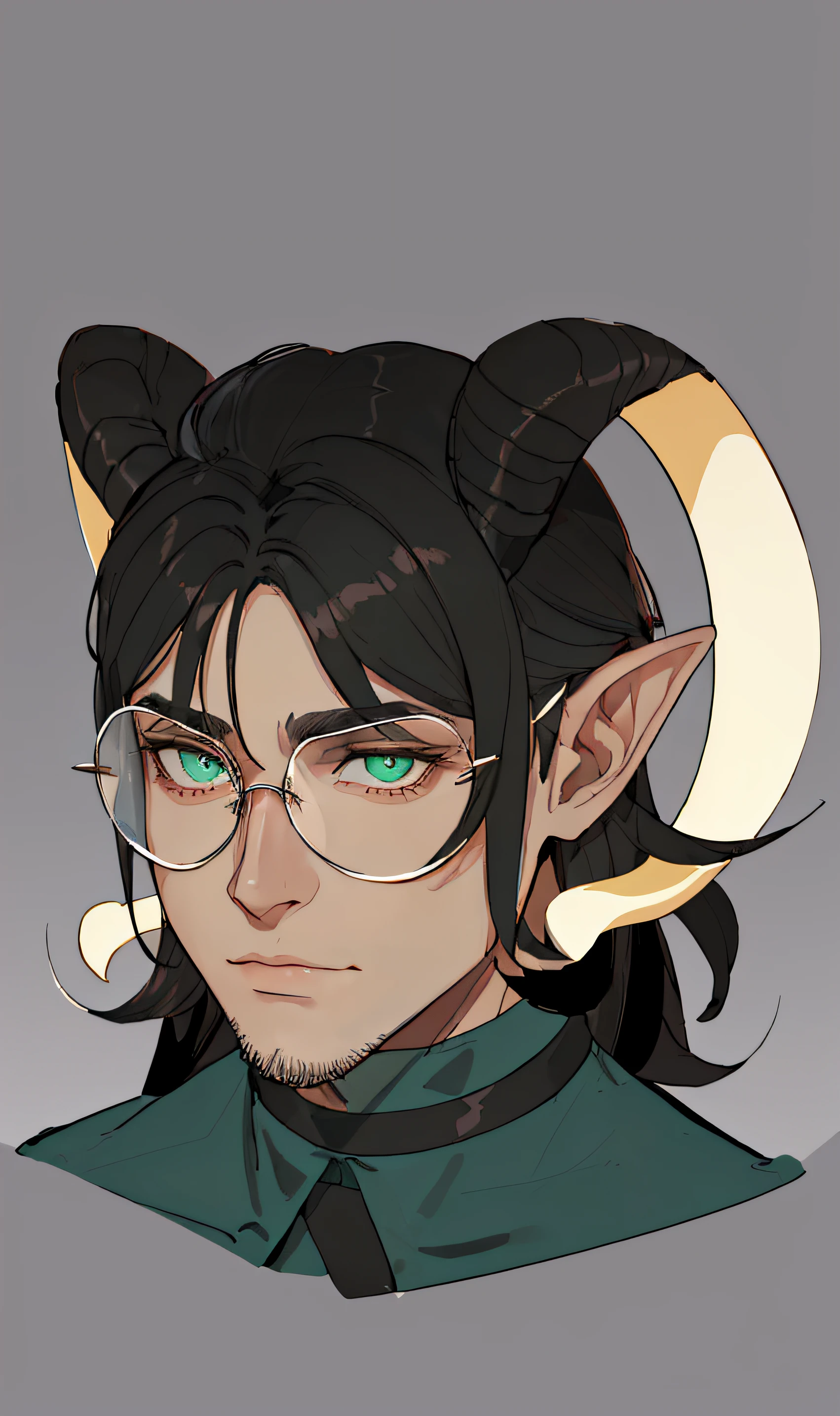 (chef-d&#39;œuvre), (de haute qualité), (traits parfaits), (1 homme), Personnage d'anime avec cornes et lunettes ronde sur fond gris, Portrait d'un Tiefling avec cornes, Alchimiste Tiefling, (regard intimidant), homme mature, Portrait homme, lunettes avec ses branches blanches, (Homme-Bélier), (oreille de bélier), cornes de bélier arrondies, yeux détaillés, cornes noires sur le dessus et blanches sur le dessous, (teint bronzé), (yeux verts), (Cheveux noirs mi-longs), porte un haut à col vert foncé, pas de sourire, regarde le spectateur, des détails à couper le souffle, (Barbe claire sur la mâchoire inférieure), (expression froide), (bouche fermée), (yeux moins ouvert), (Un air plus sérieux)