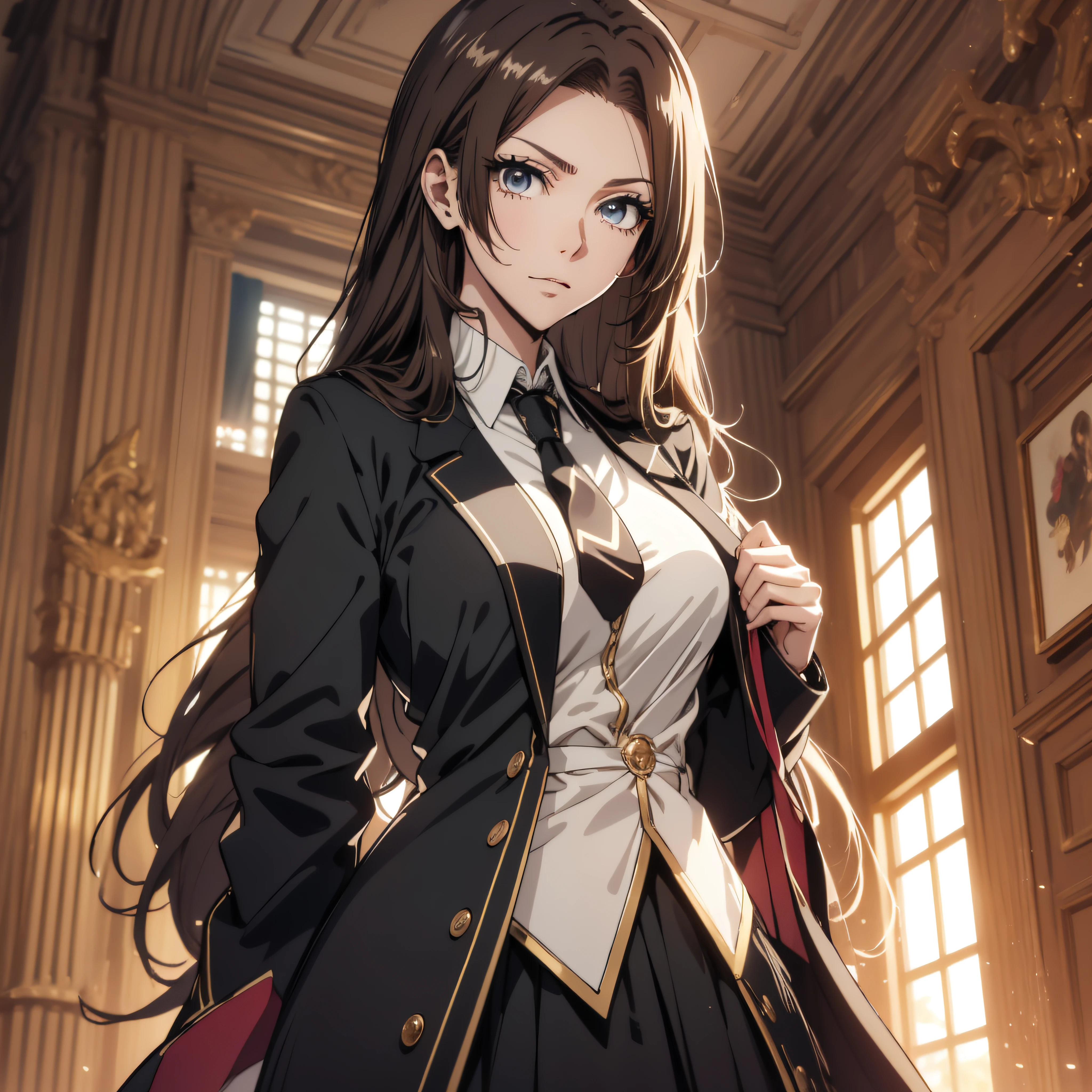 ((ultra-detailed, masterpiece, perfect pixel, highrest, best quality)), 1girl, single, solo, 20 years old Anime girl, smooth anime artstyle, long raven hair, slightly wavy hair, parted bangs, brown hair, gradient hair color, Magus, green eyes, ((detailed eyes, beautiful eyes)), long black coat, white shirt, ((neckwear, long tie)), black skirt, aristocrat, noble attire, beautiful, ethereal, elegant, prestigious, indoor, royal, kingdom, particle effect, smooth smoke effect, magic light, standing, looking at viewer