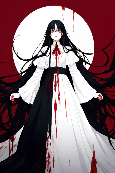 Woman, long and voluminous black hair, white eyes, Standing on the mountain of corpses, surrounded by blood, evil expression, wearing a white dress stained with blood