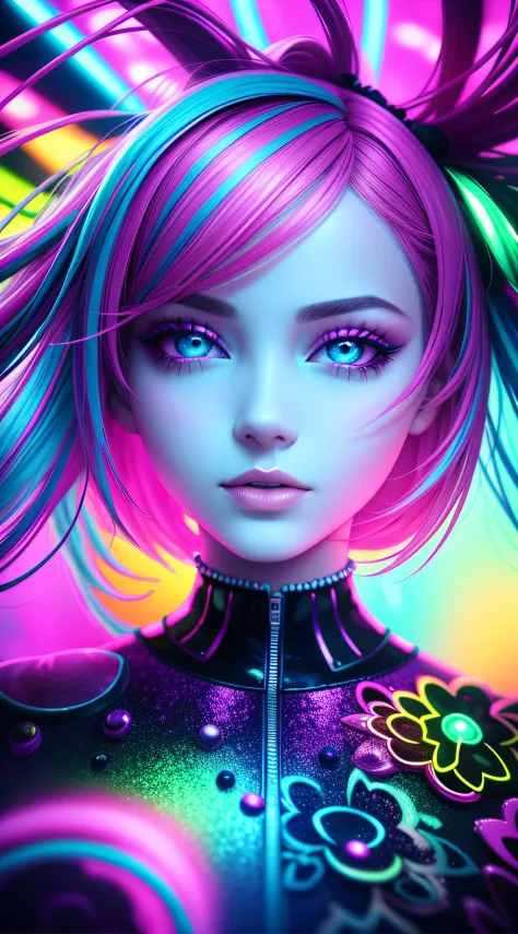 "extreme close-up of amidst a colorful garden, surreal fashion blends with neon lights, creating atmospheric surrealism that spa...