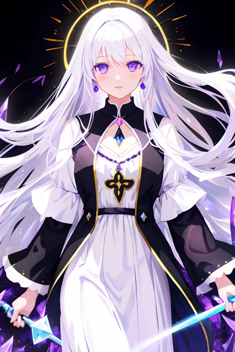 girl, flowing white hair, Dress of the Saint Maiden, purple eyes, surrounded by a bright yellow light, on the handle of a black ...