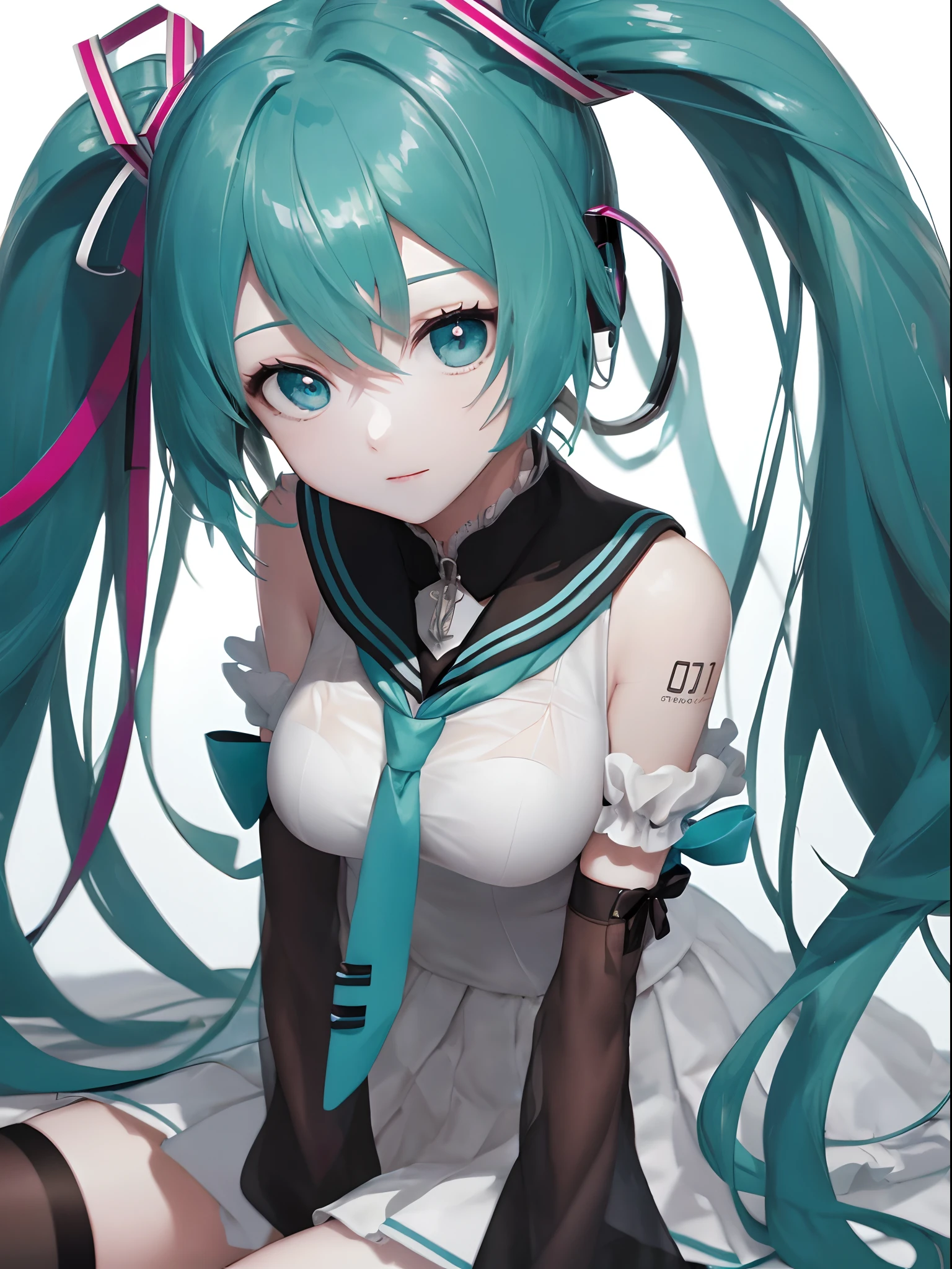 (One lady)、(​masterpiece)、(best qualtiy)、(ultra-detailliert)、(a high chroma)、(CG Illustration)、highcontrast、low angles、VOCALOID、((miku hatsune))、(Fine and beautiful eyes)、Delicate beautiful face、Ram hairstyle、((dishevled hair))、(( a sailor suit))、See-through shirt、(Black stockings)、(B cup breasts)、((teats)) 、The best lighting、Float inside、simple background
