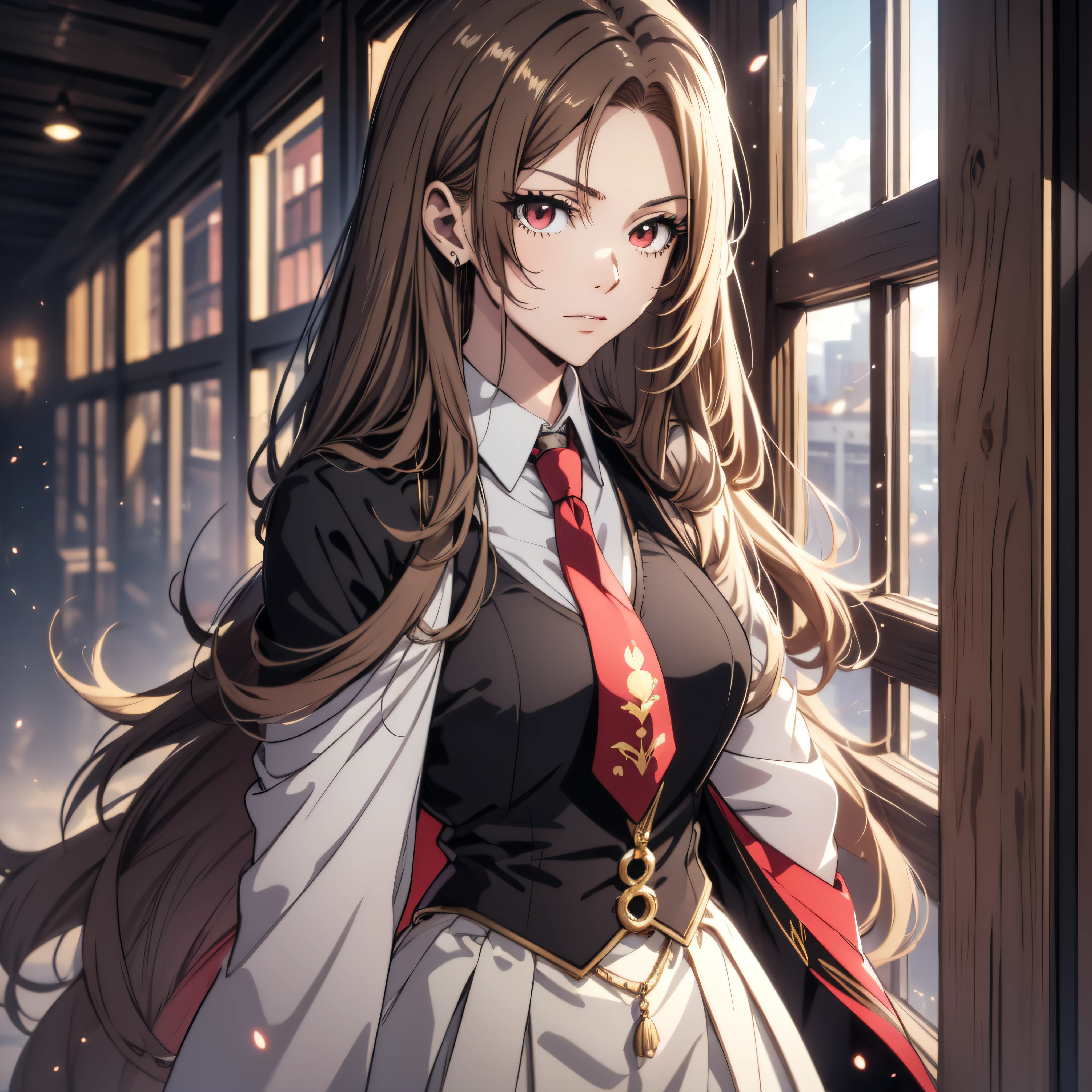 ((ultra-detailed, masterpiece, perfect pixel, highrest, best quality)), 1girl, single, solo, 20 years old Anime girl, smooth anime artstyle, long raven hair, slightly wavy hair, parted bangs, brown hair, gradient hair color, Magus, ((red eyes, detailed eyes, beautiful eyes)), long black coat, white shirt, ((necktie, long tie, single tie)), black skirt, aristocrat, noble attire, beautiful, ethereal, elegant, prestigious, indoor, royal, kingdom, particle effect, smooth smoke effect, magic light, standing, looking at viewer