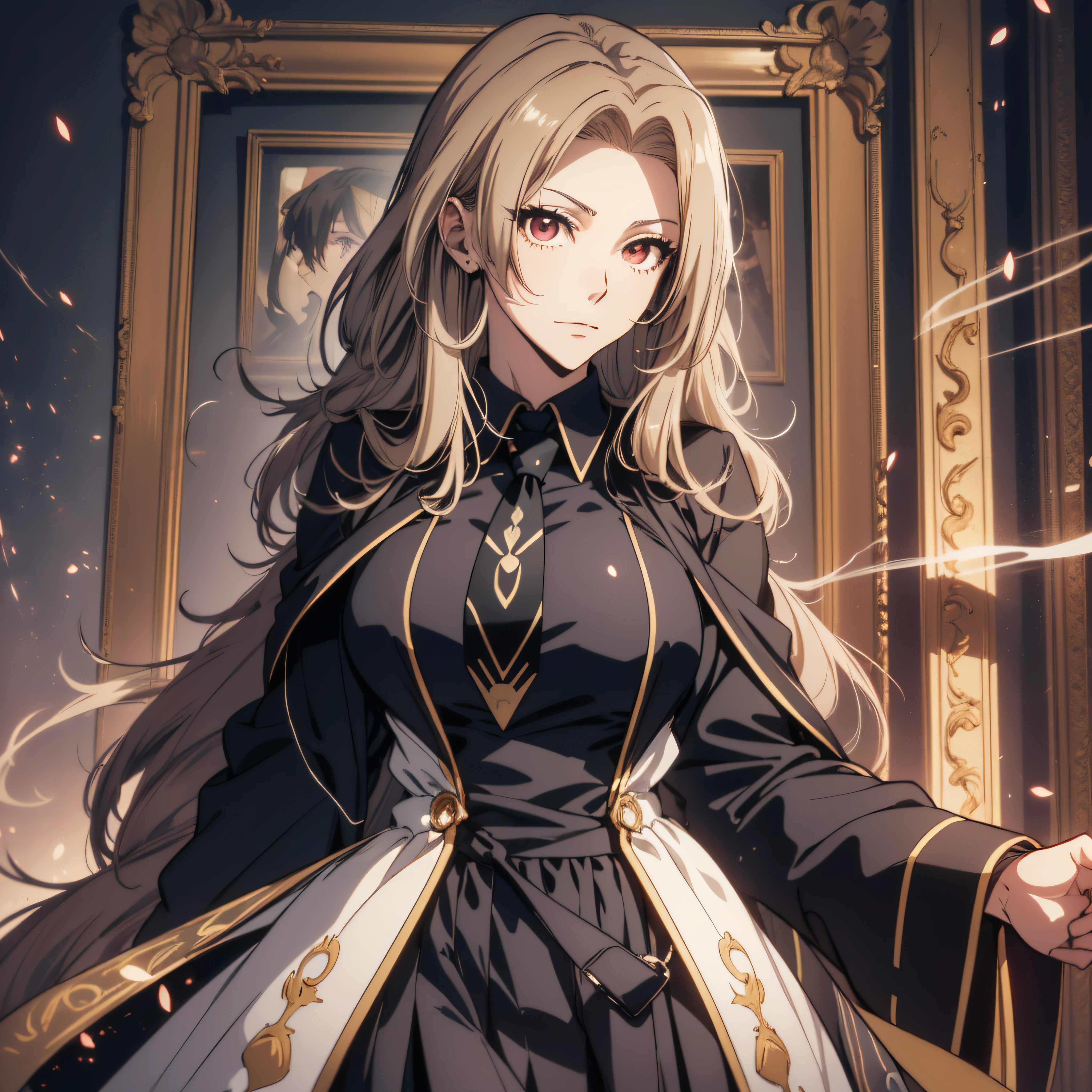 ((ultra-detailed, masterpiece, perfect pixel, highrest, best quality)), 1girl, single, solo, 20 years old Anime girl, smooth anime artstyle, long raven hair, slightly wavy hair, parted bangs, brown hair, gradient hair color, Magus, ((red eyes, detailed eyes, beautiful eyes)), long black coat, white shirt, ((necktie, long tie, single tie)), black skirt, aristocrat, noble attire, beautiful, ethereal, elegant, prestigious, indoor, royal, kingdom, particle effect, smooth smoke effect, magic light, standing, looking at viewer